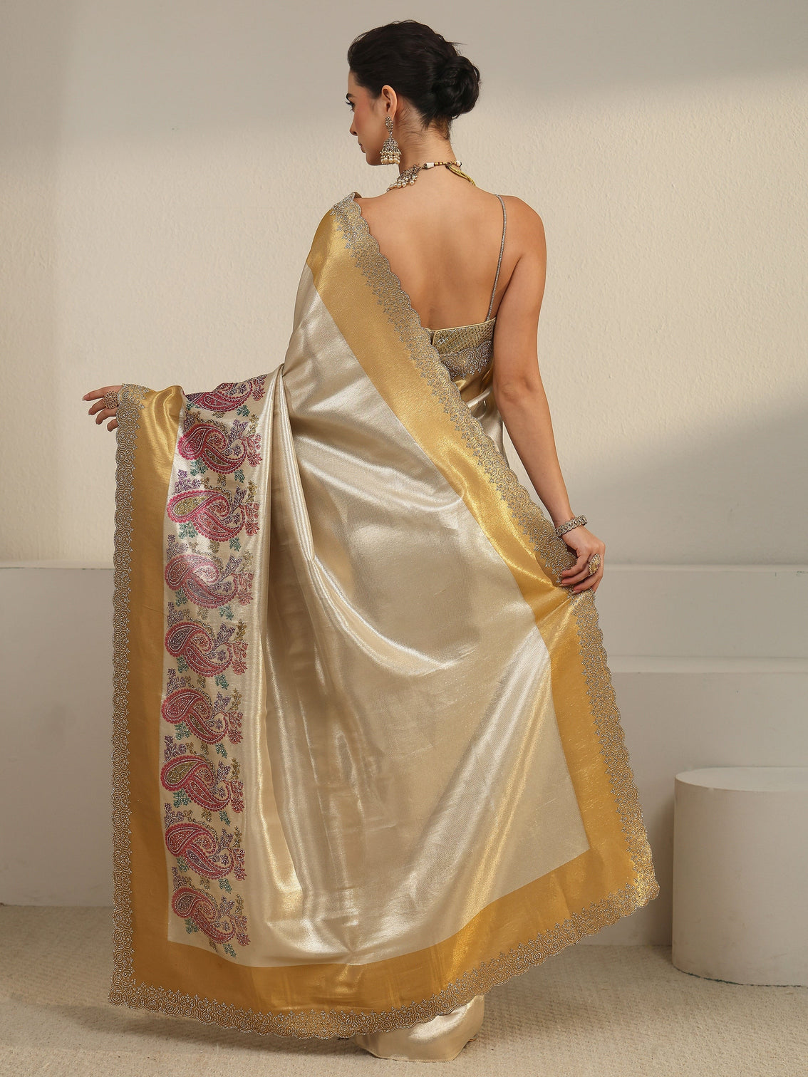 Mameraa Art Gold Paisley Embellished Silk Blend Saree