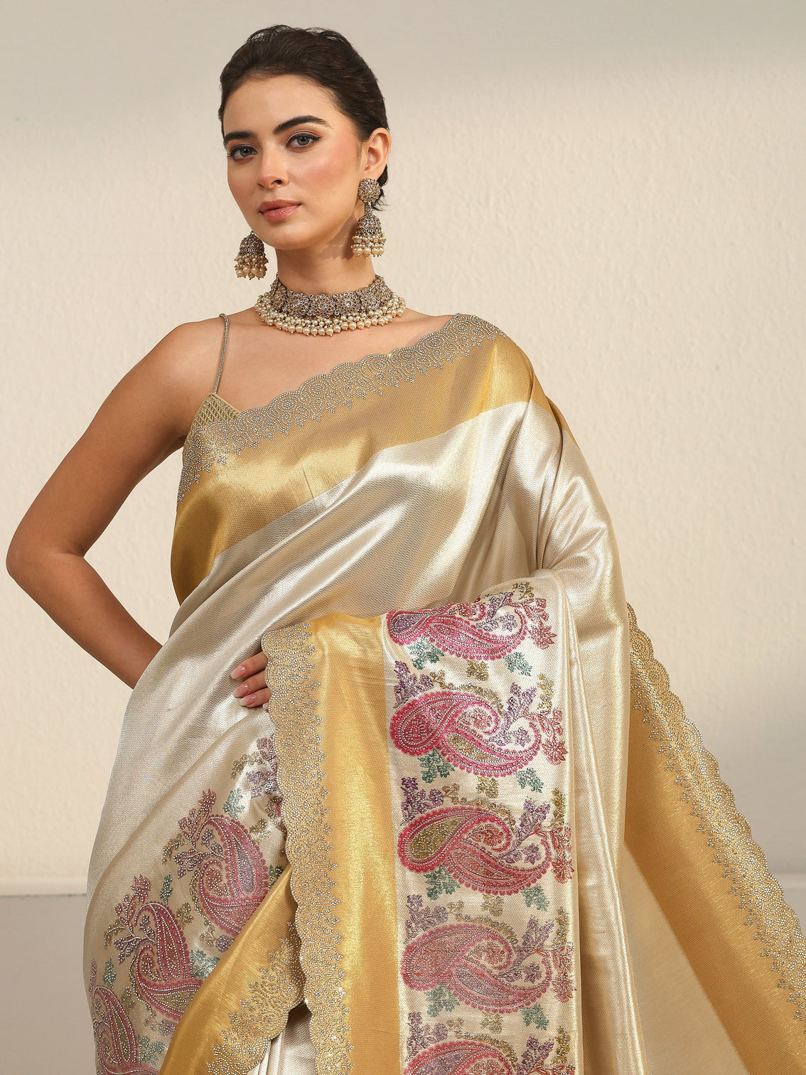 Mameraa Art Gold Paisley Embellished Silk Blend Saree