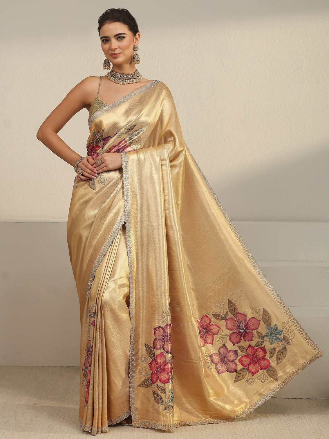 Mameraa Art Gold Floral Embellished Silk Blend Saree
