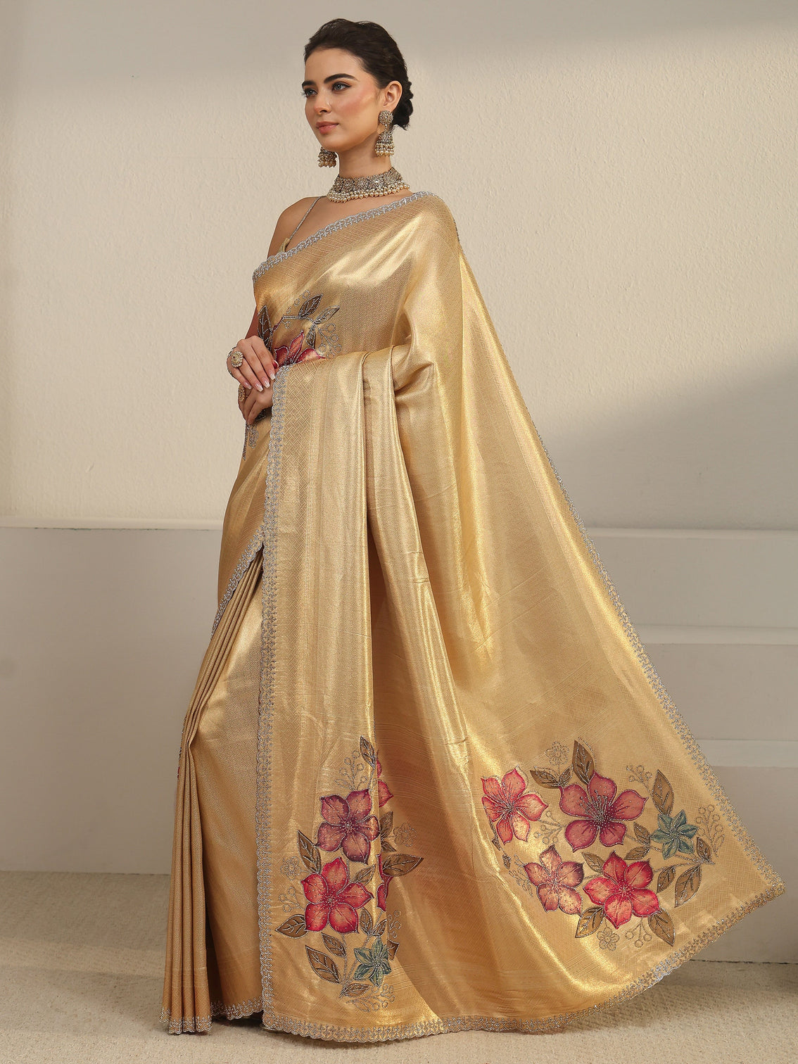 Mameraa Art Gold Floral Embellished Silk Blend Saree