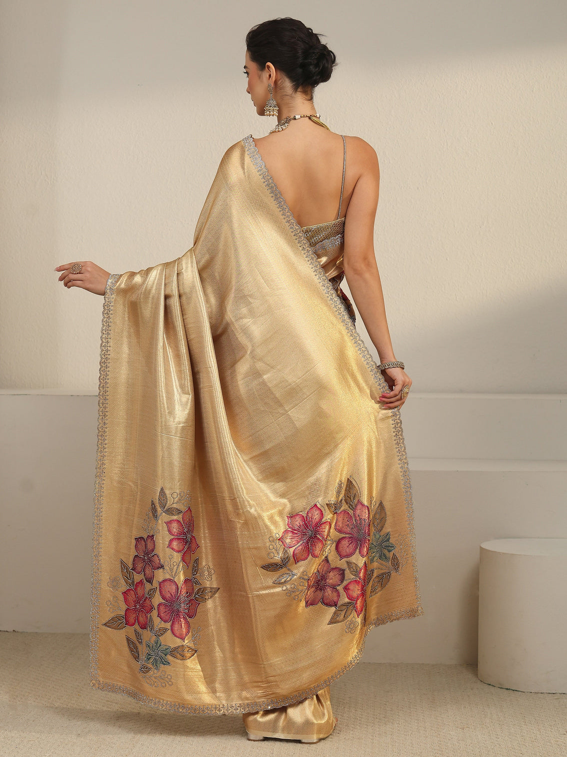 Mameraa Art Gold Floral Embellished Silk Blend Saree
