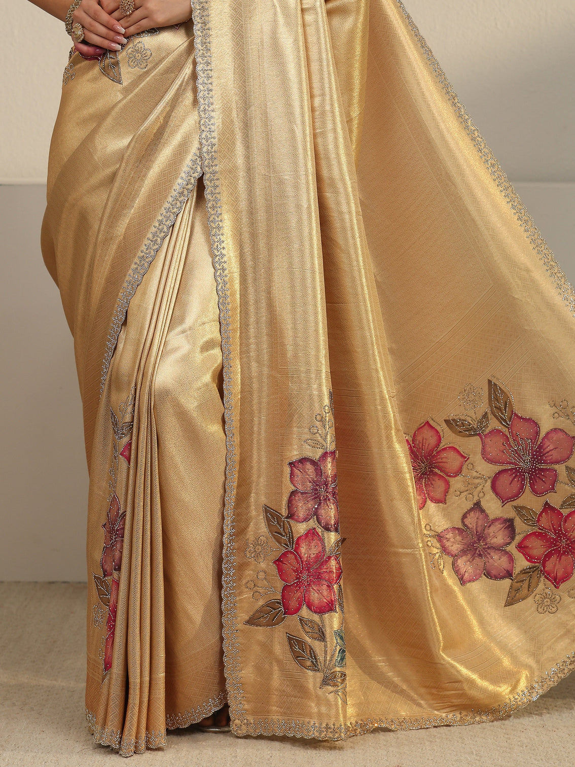Mameraa Art Gold Floral Embellished Silk Blend Saree