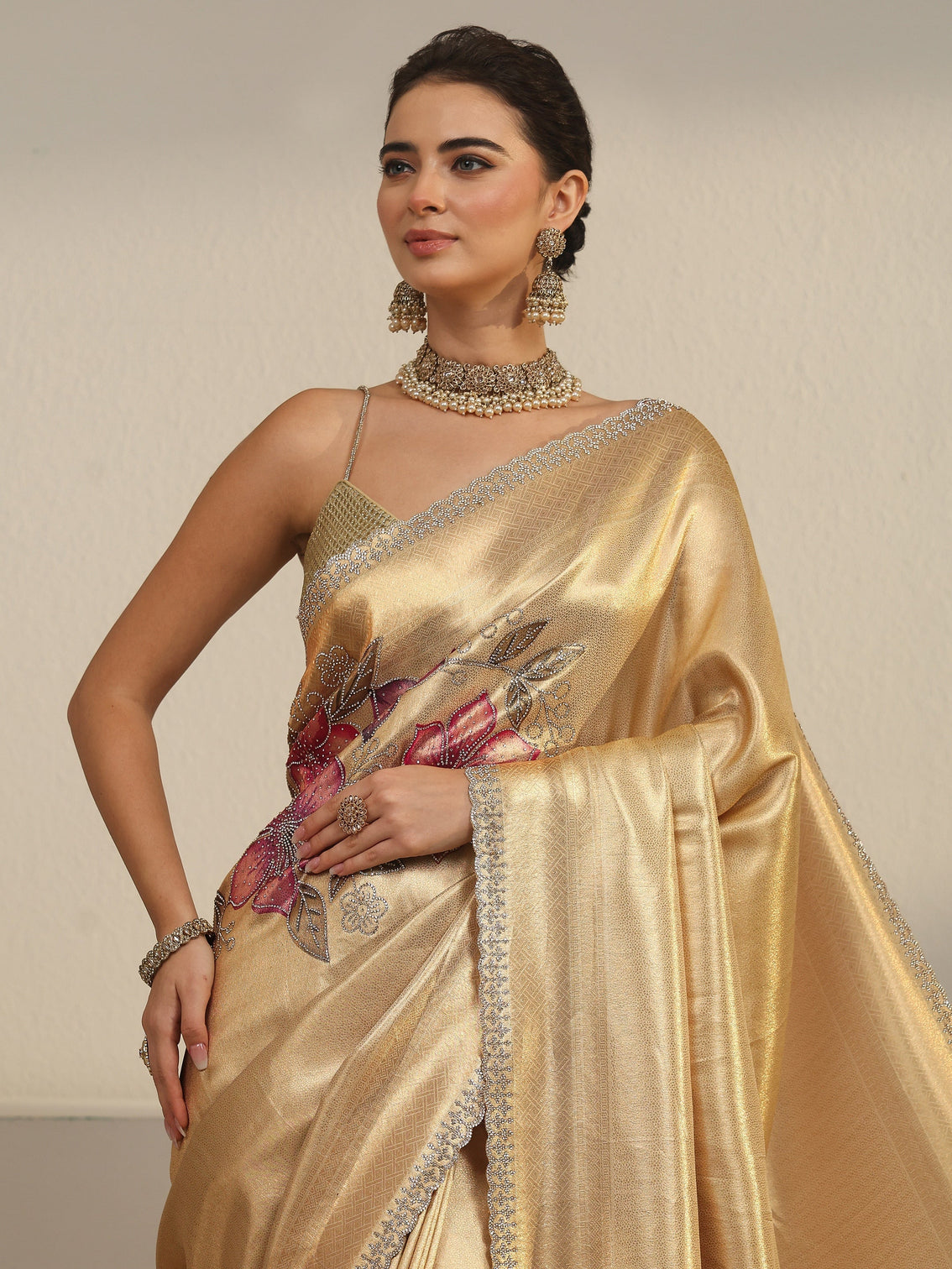 Mameraa Art Gold Floral Embellished Silk Blend Saree