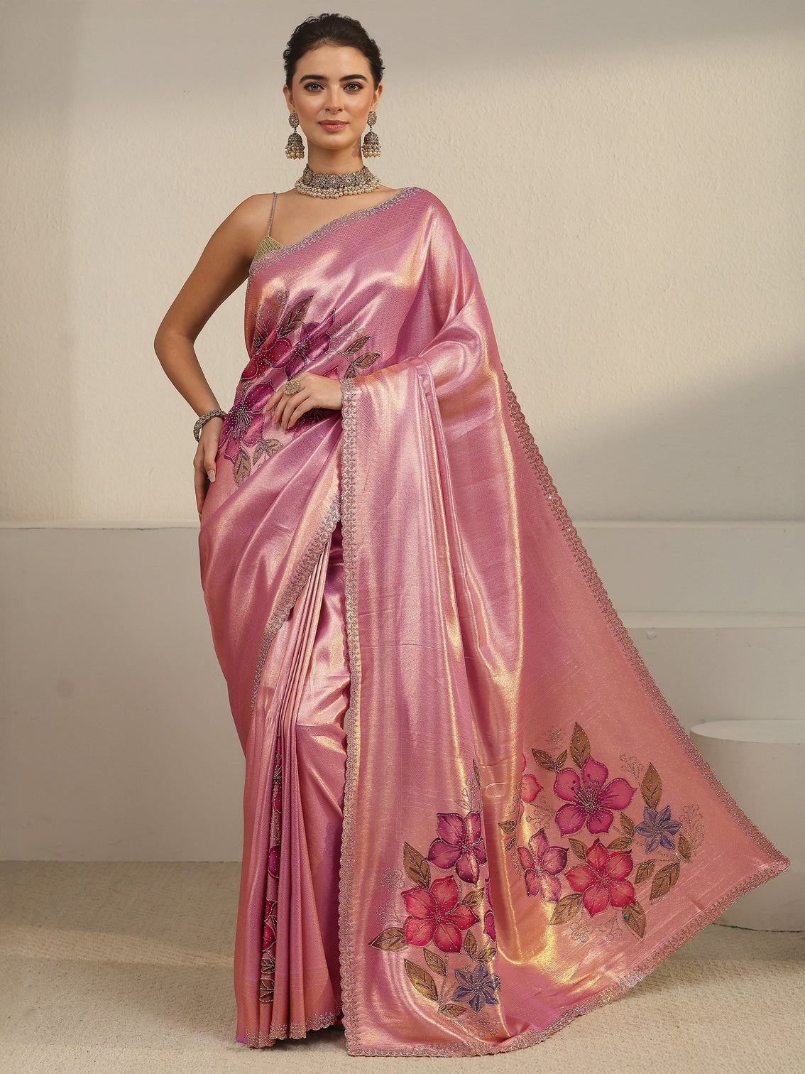 Mameraa Art Rose Pink Floral Embellished Silk Blend Saree