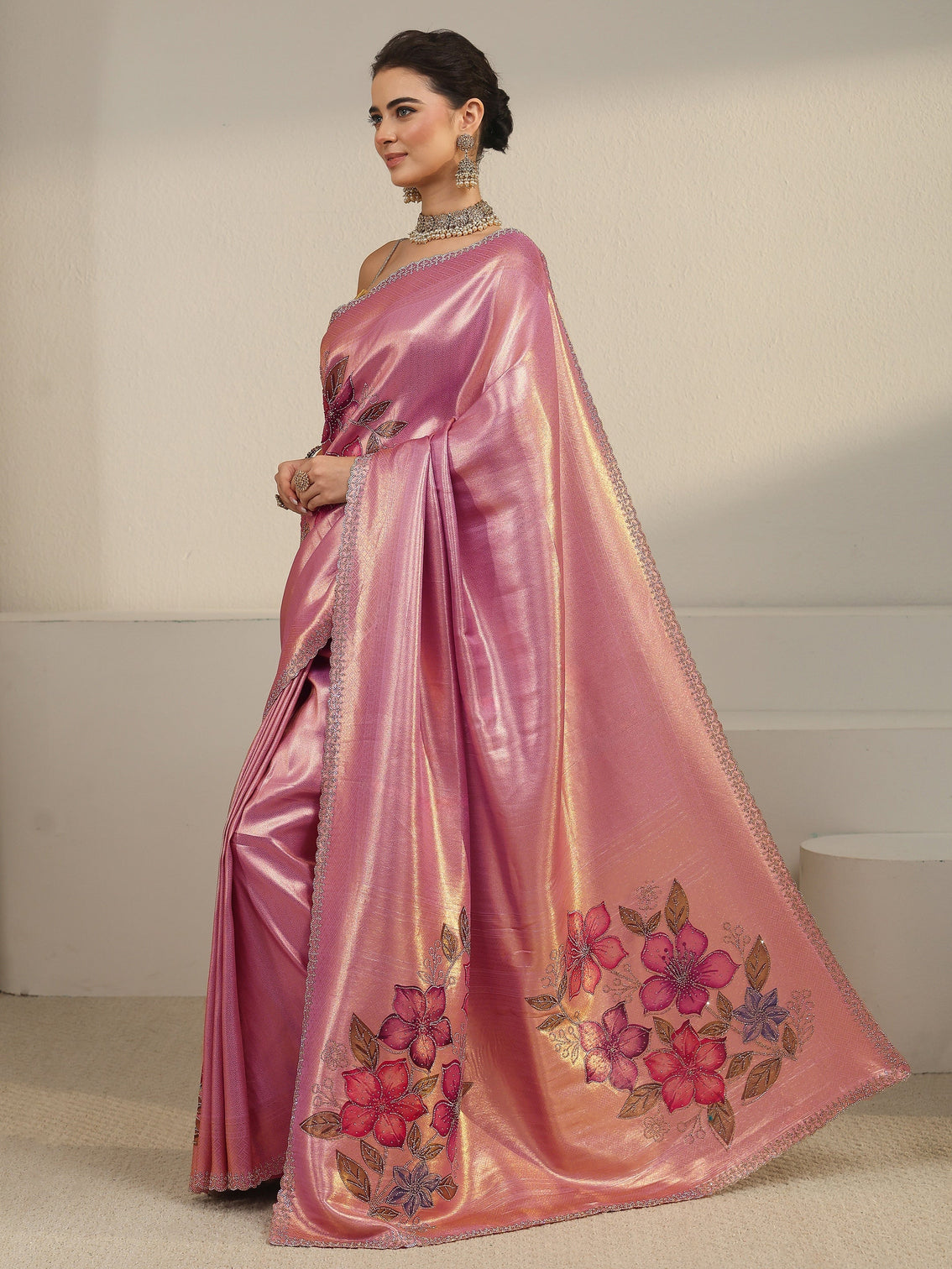 Mameraa Art Rose Pink Floral Embellished Silk Blend Saree