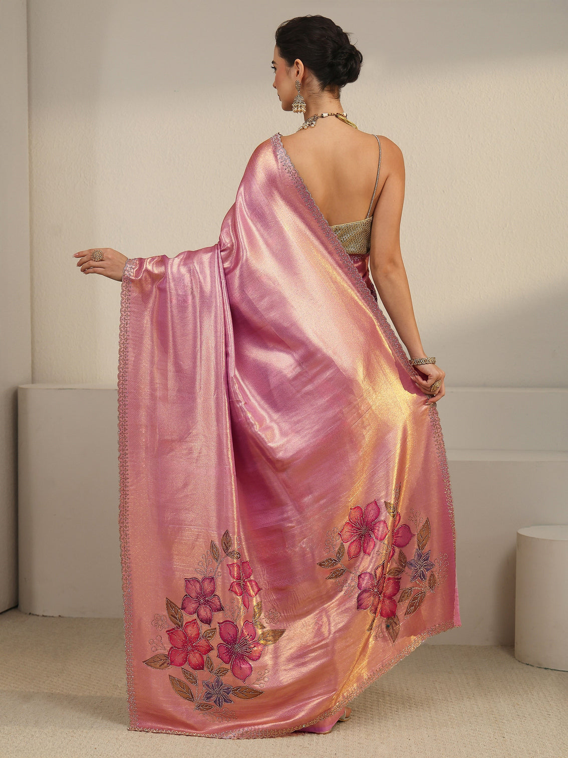 Mameraa Art Rose Pink Floral Embellished Silk Blend Saree