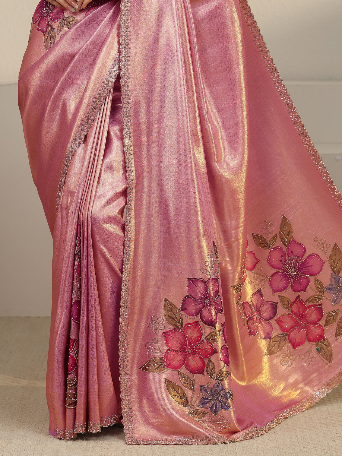Mameraa Art Rose Pink Floral Embellished Silk Blend Saree