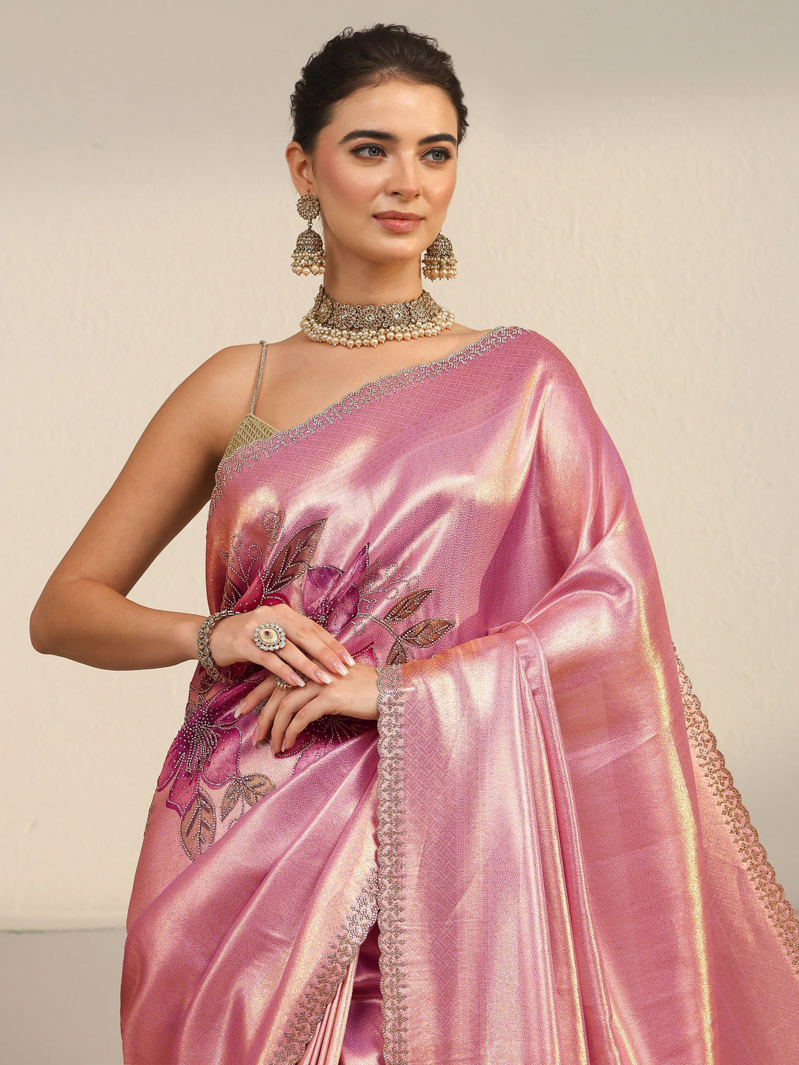 Mameraa Art Rose Pink Floral Embellished Silk Blend Saree