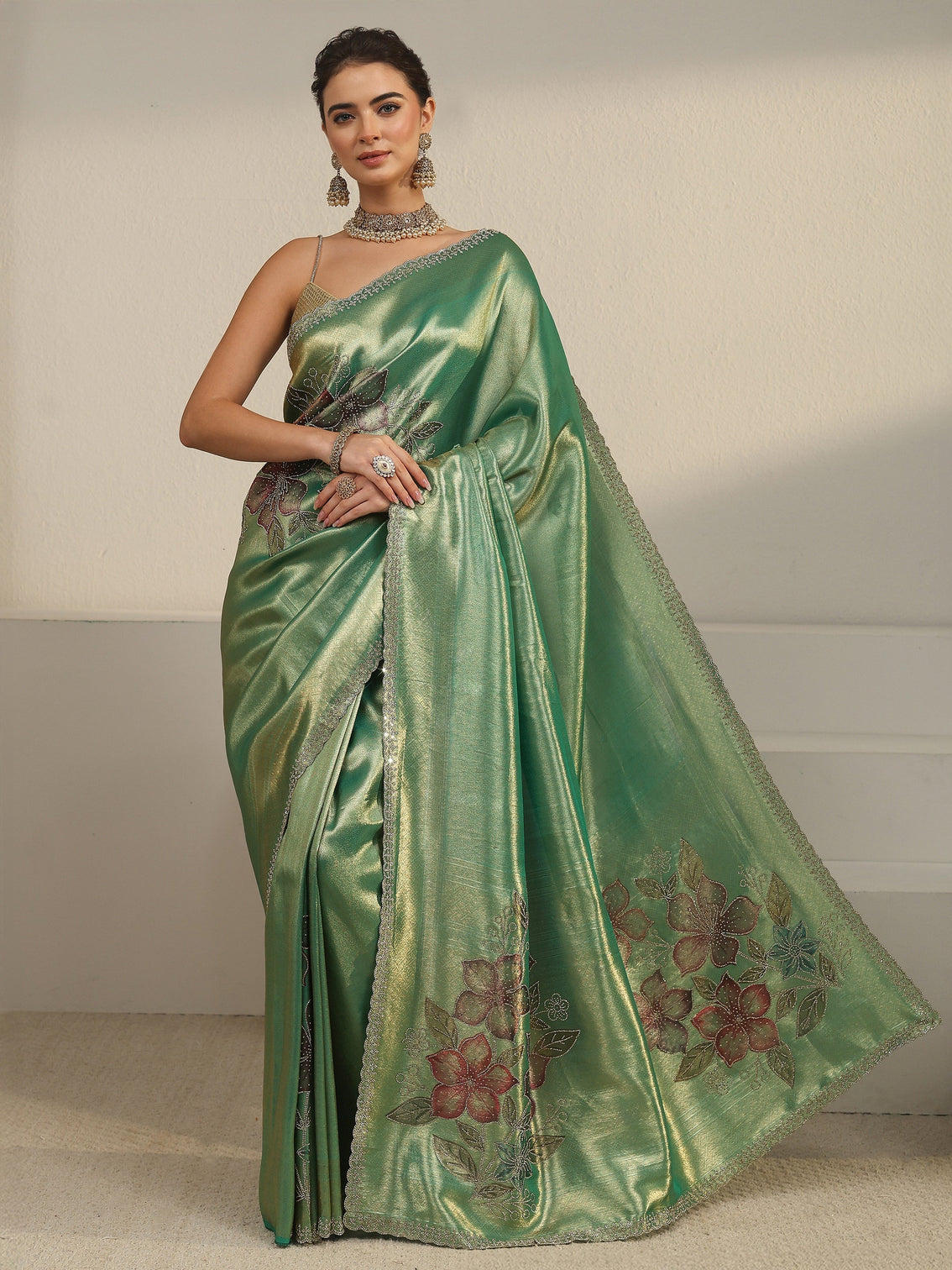 Mameraa Art Mint Green Floral Embellished Silk Blend Saree