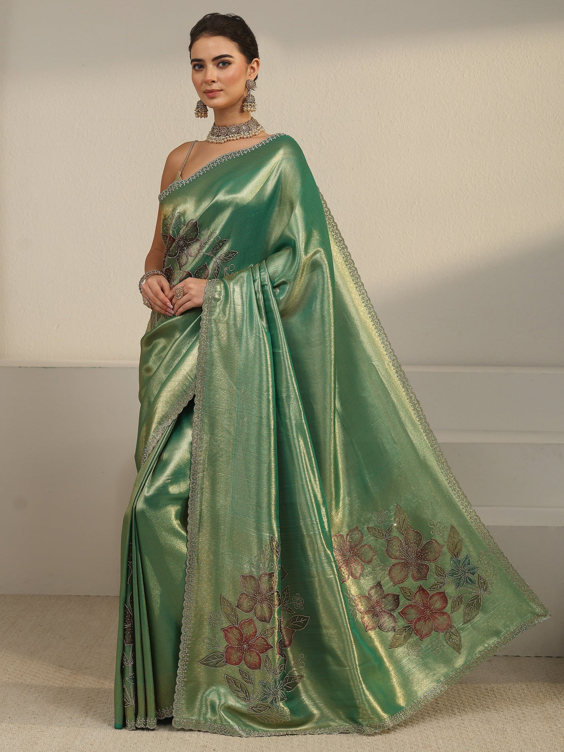 Mameraa Art Mint Green Floral Embellished Silk Blend Saree