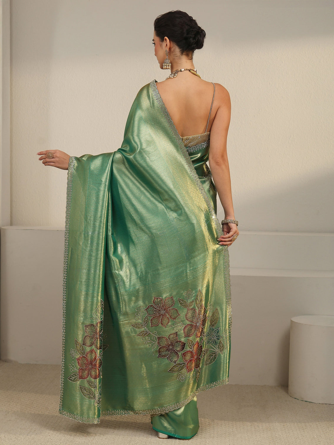 Mameraa Art Mint Green Floral Embellished Silk Blend Saree
