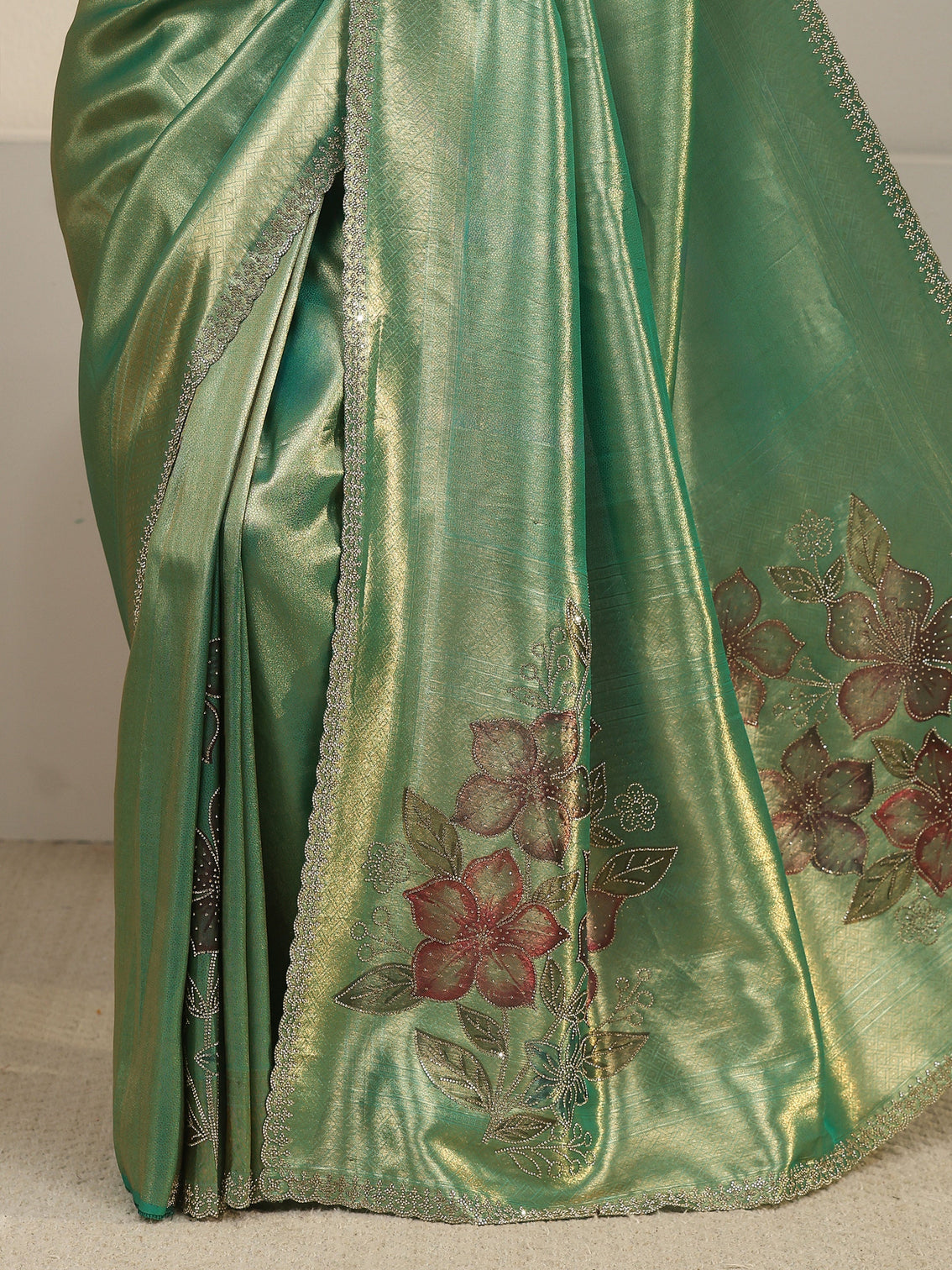 Mameraa Art Mint Green Floral Embellished Silk Blend Saree