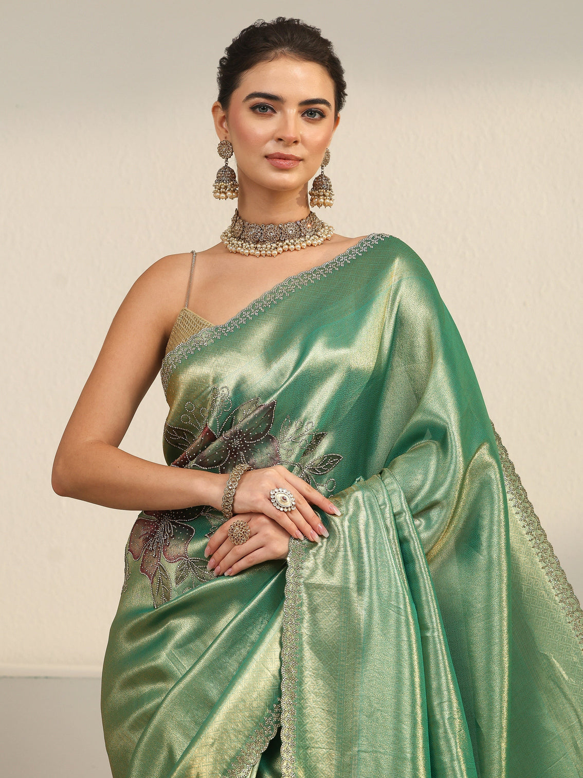 Mameraa Art Mint Green Floral Embellished Silk Blend Saree