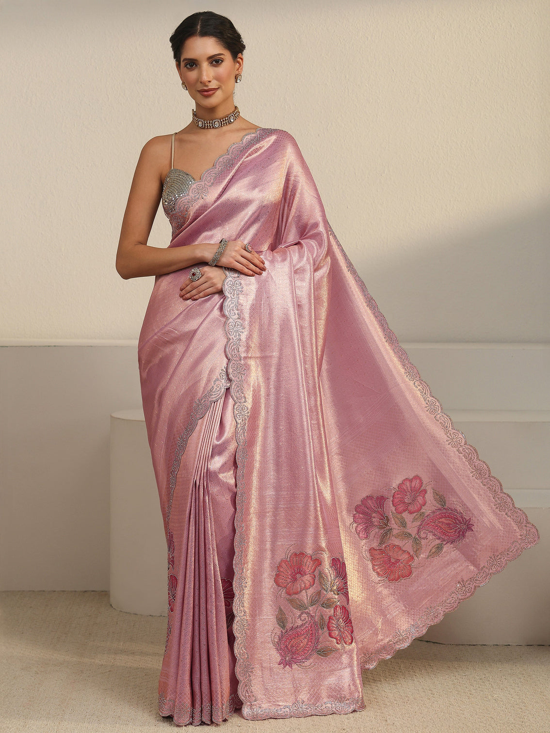 Mameraa Art Lilac Floral Embellished Silk Blend Saree