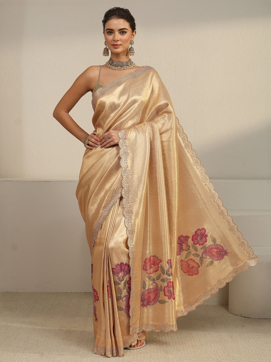 Mameraa Art Gold Floral Embellished Silk Blend Saree