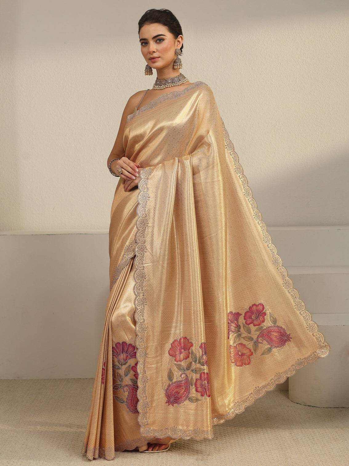 Mameraa Art Gold Floral Embellished Silk Blend Saree