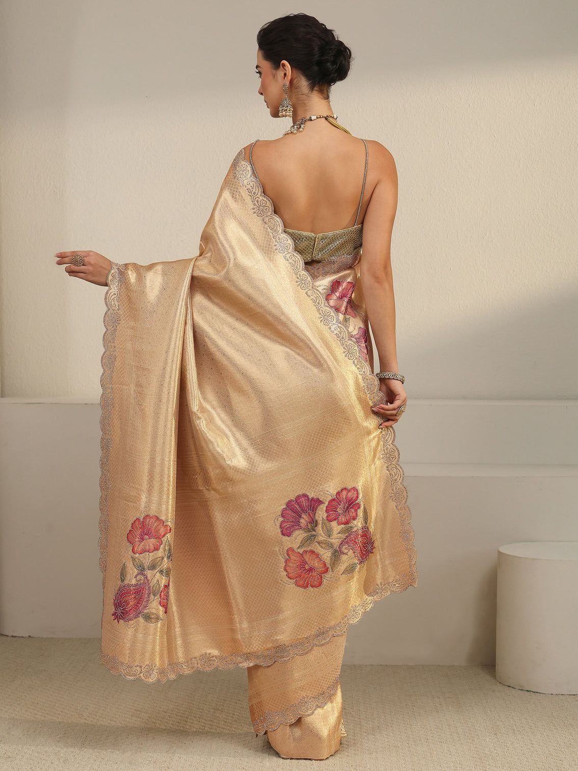 Mameraa Art Gold Floral Embellished Silk Blend Saree