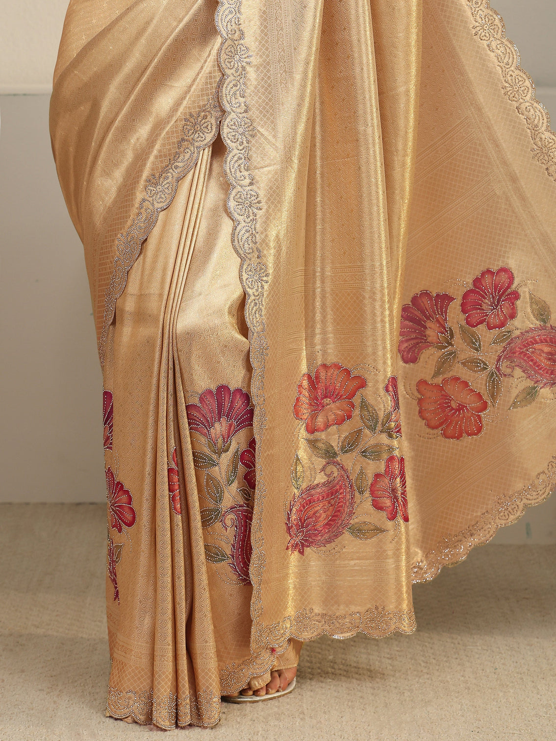 Mameraa Art Gold Floral Embellished Silk Blend Saree