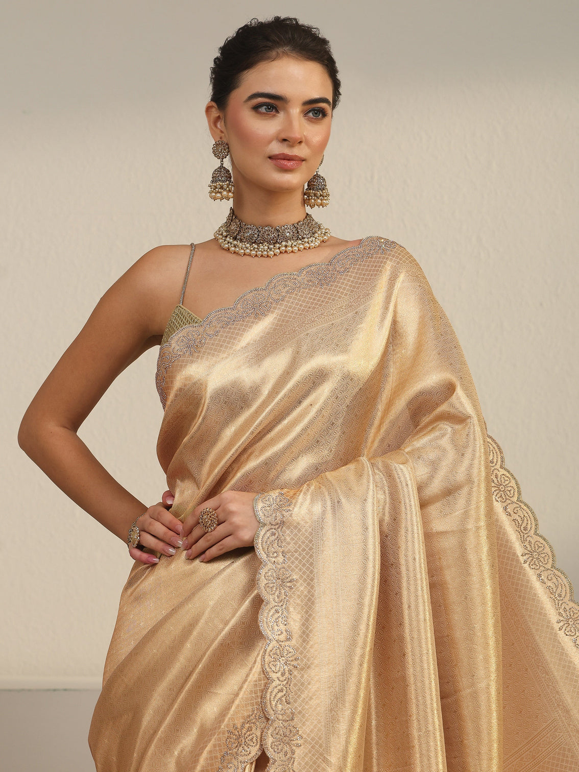 Mameraa Art Gold Floral Embellished Silk Blend Saree