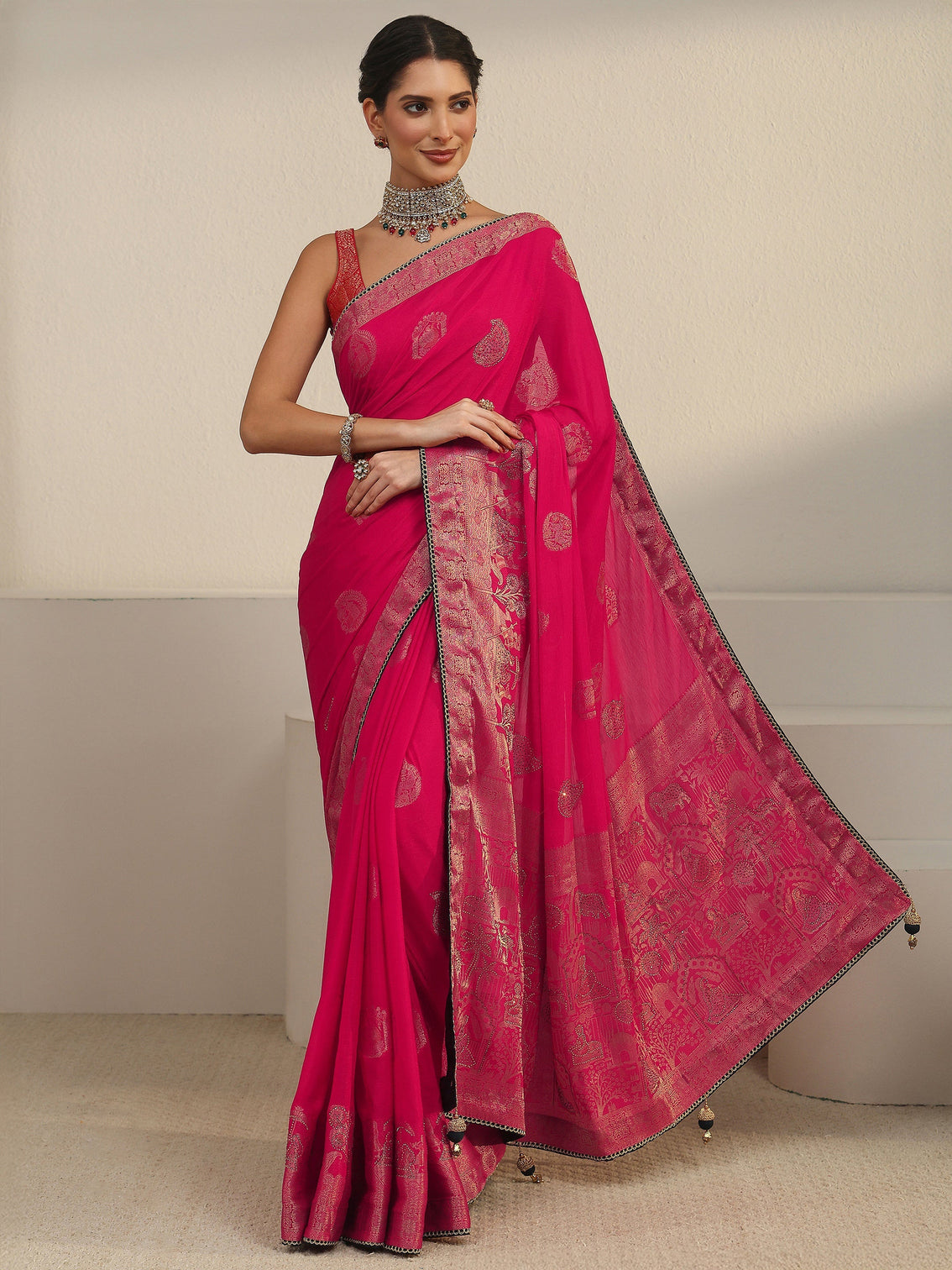 Mameraa Rani Pink Woven Design Chiffon Saree