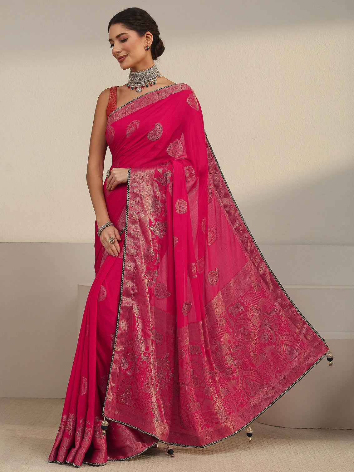 Mameraa Rani Pink Woven Design Chiffon Saree
