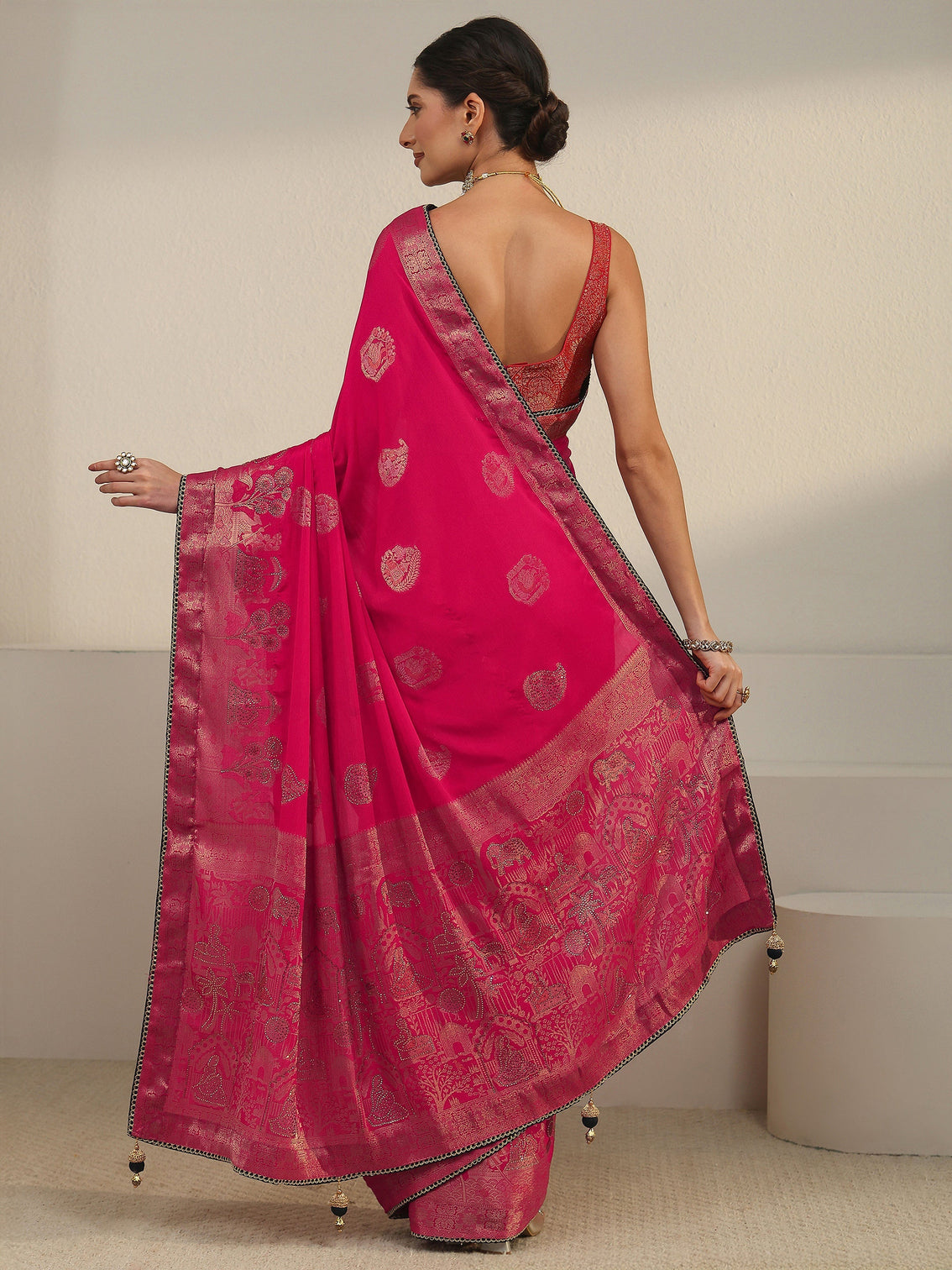 Mameraa Rani Pink Woven Design Chiffon Saree