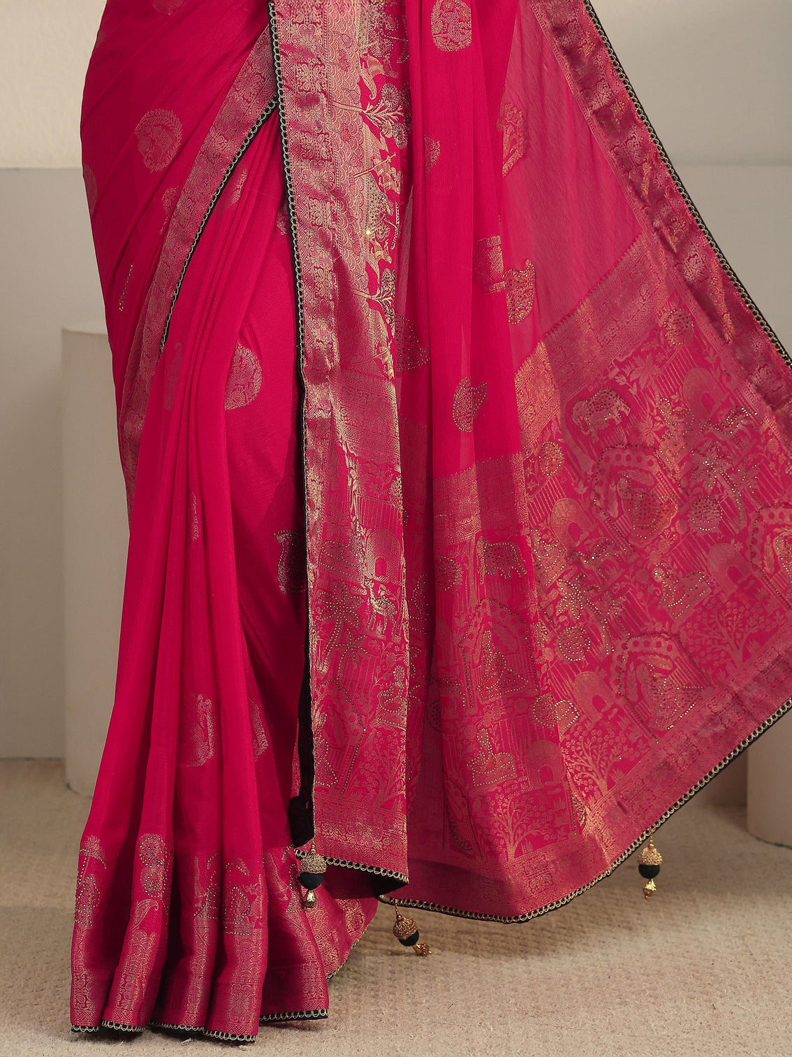 Mameraa Rani Pink Woven Design Chiffon Saree