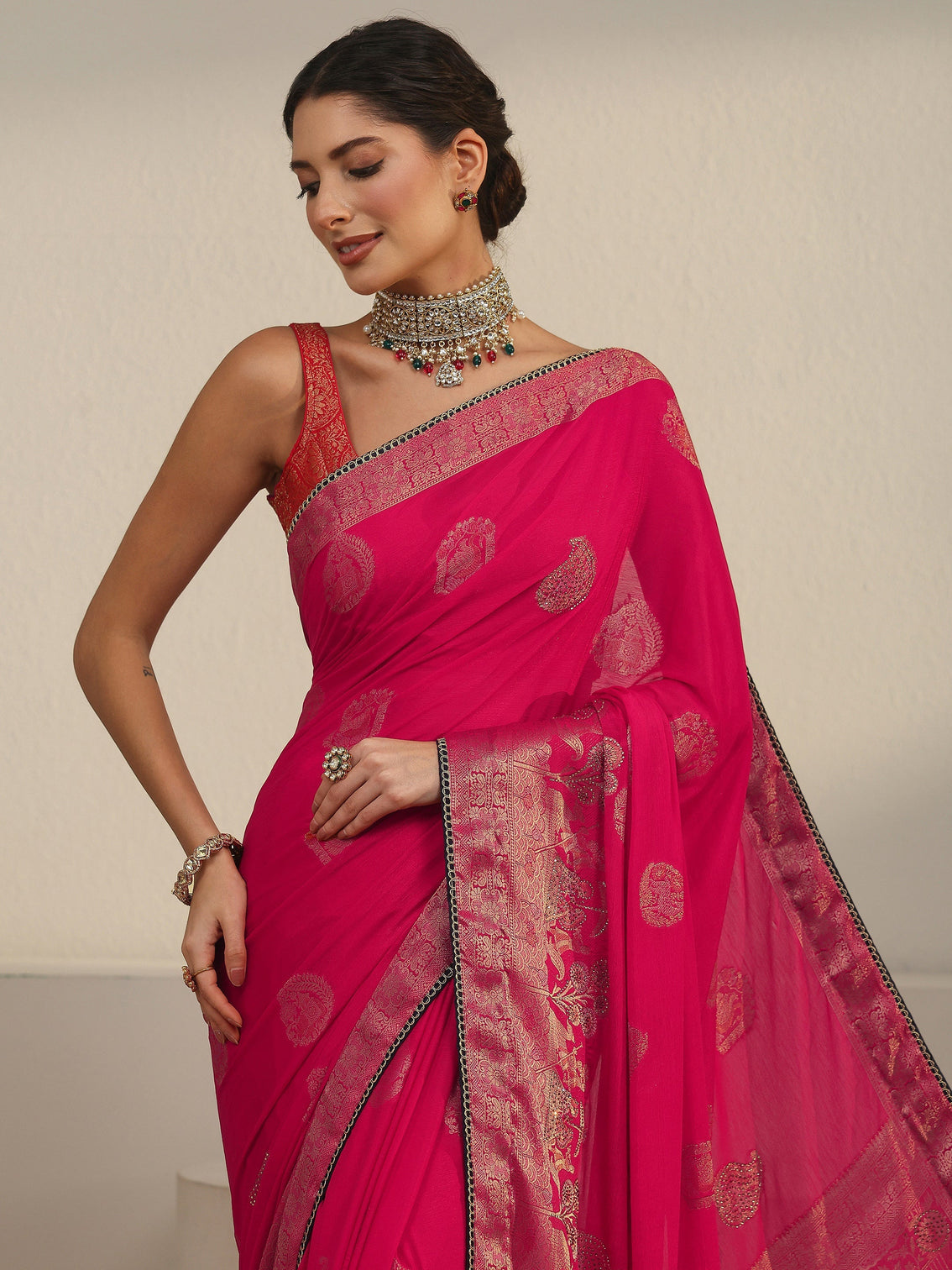 Mameraa Rani Pink Woven Design Chiffon Saree