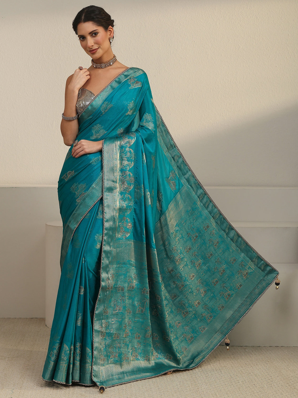 Mameraa Teal Blue Woven Design Chiffon Saree