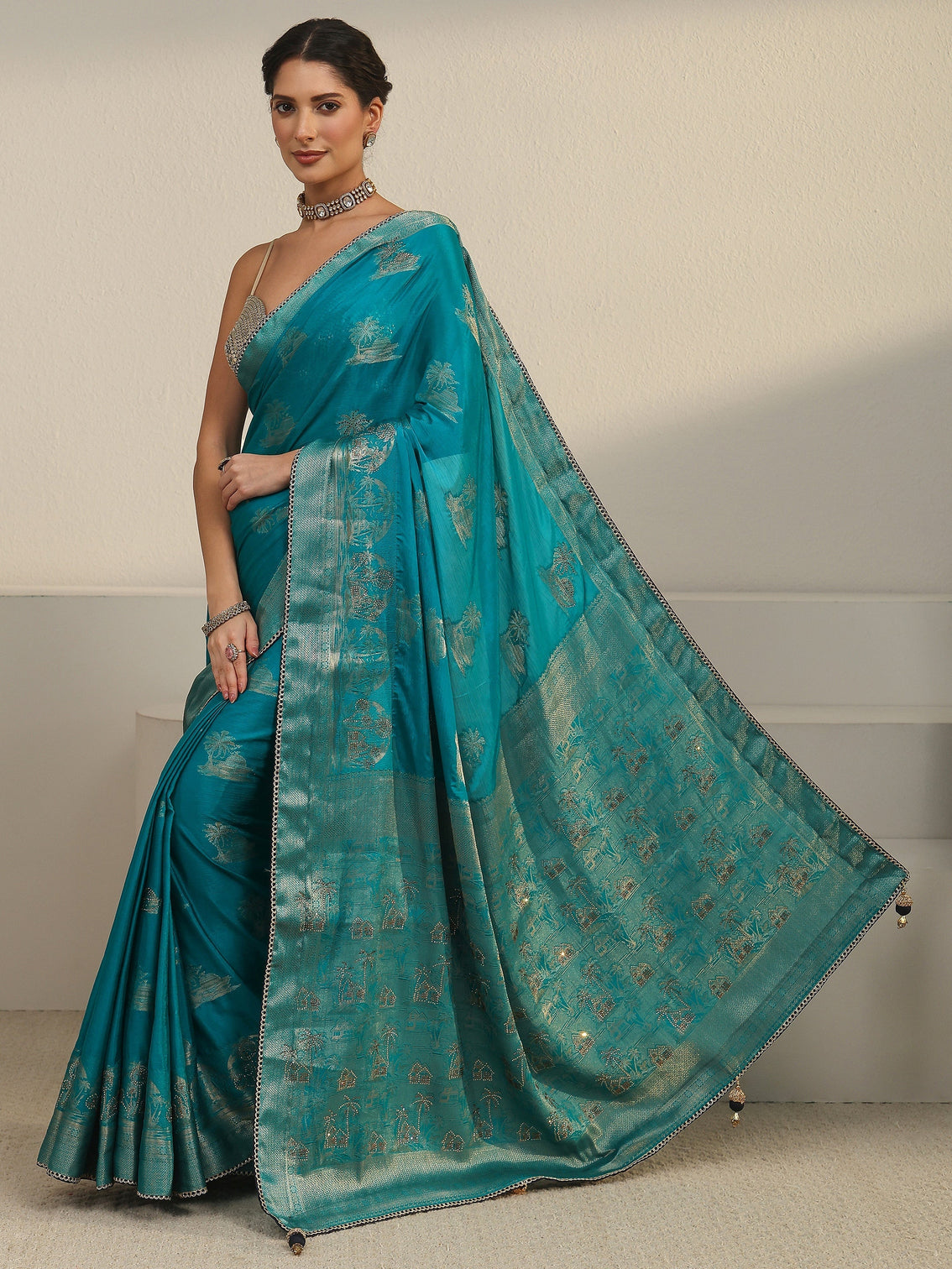 Mameraa Teal Blue Woven Design Chiffon Saree