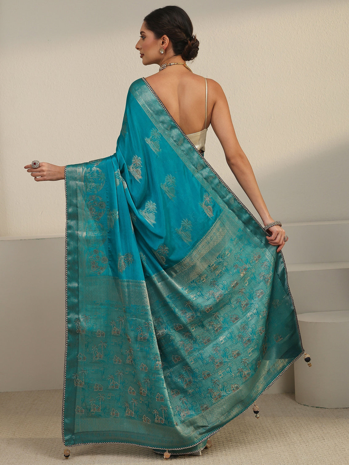 Mameraa Teal Blue Woven Design Chiffon Saree