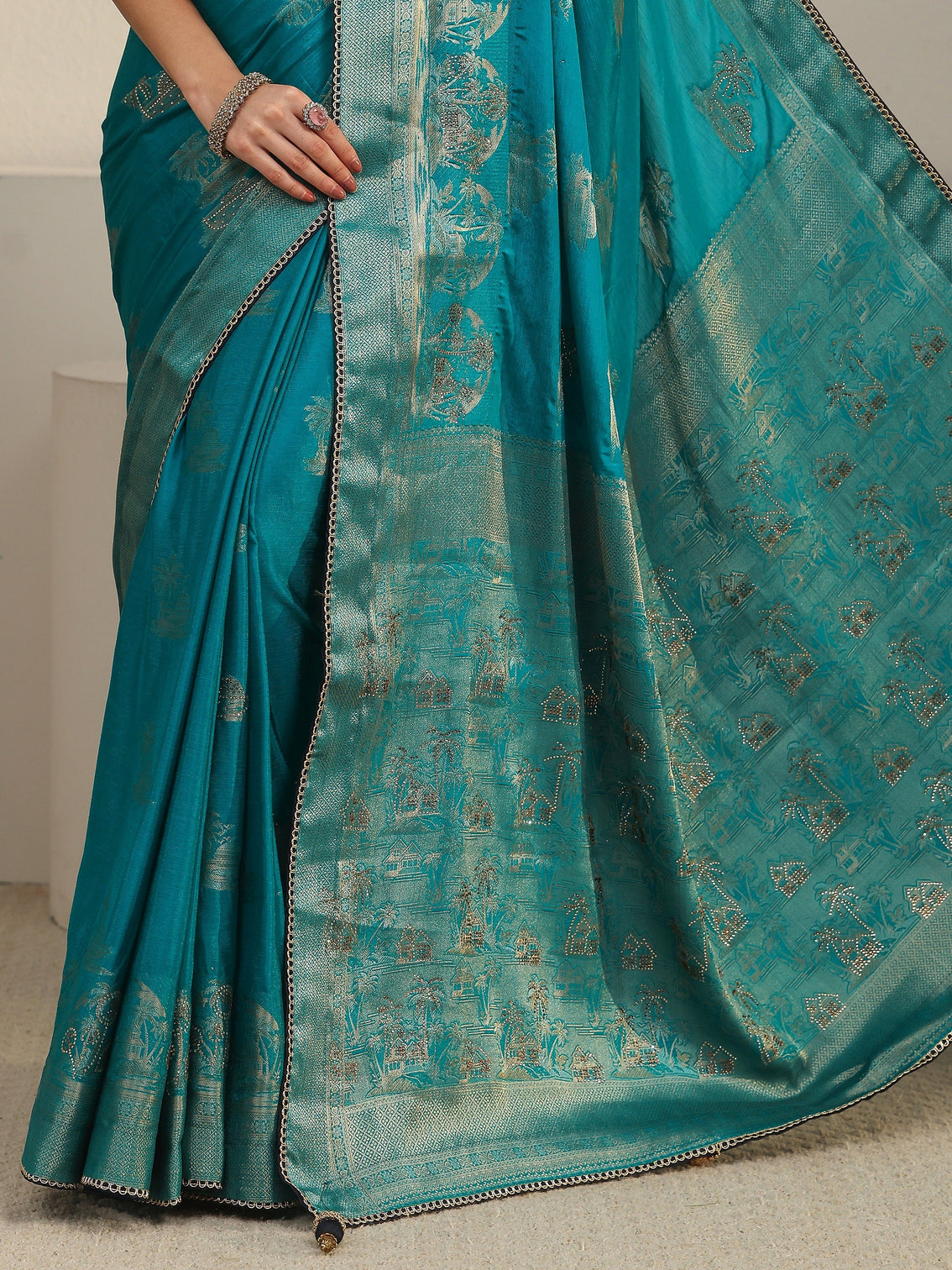 Mameraa Teal Blue Woven Design Chiffon Saree