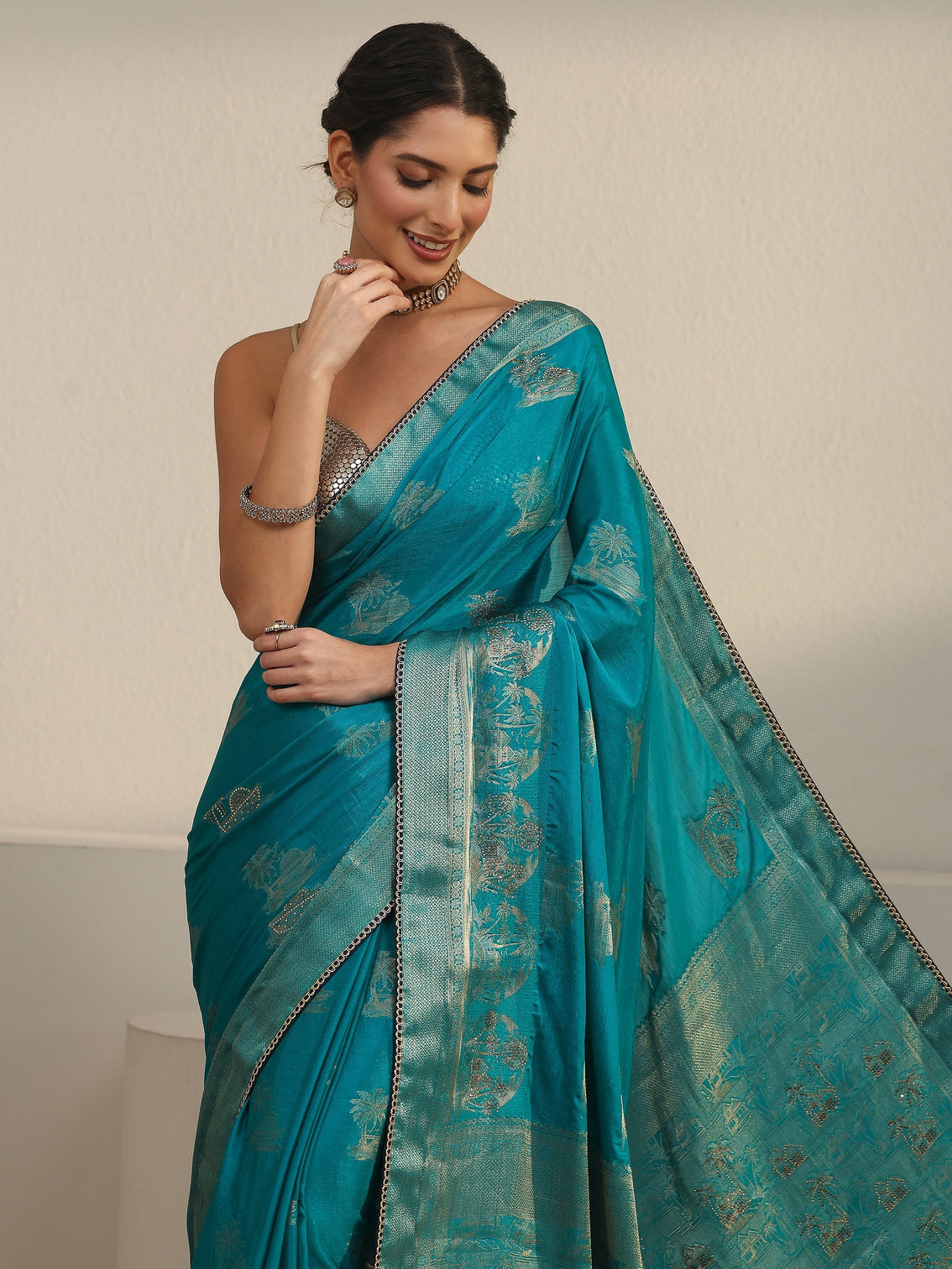 Mameraa Teal Blue Woven Design Chiffon Saree