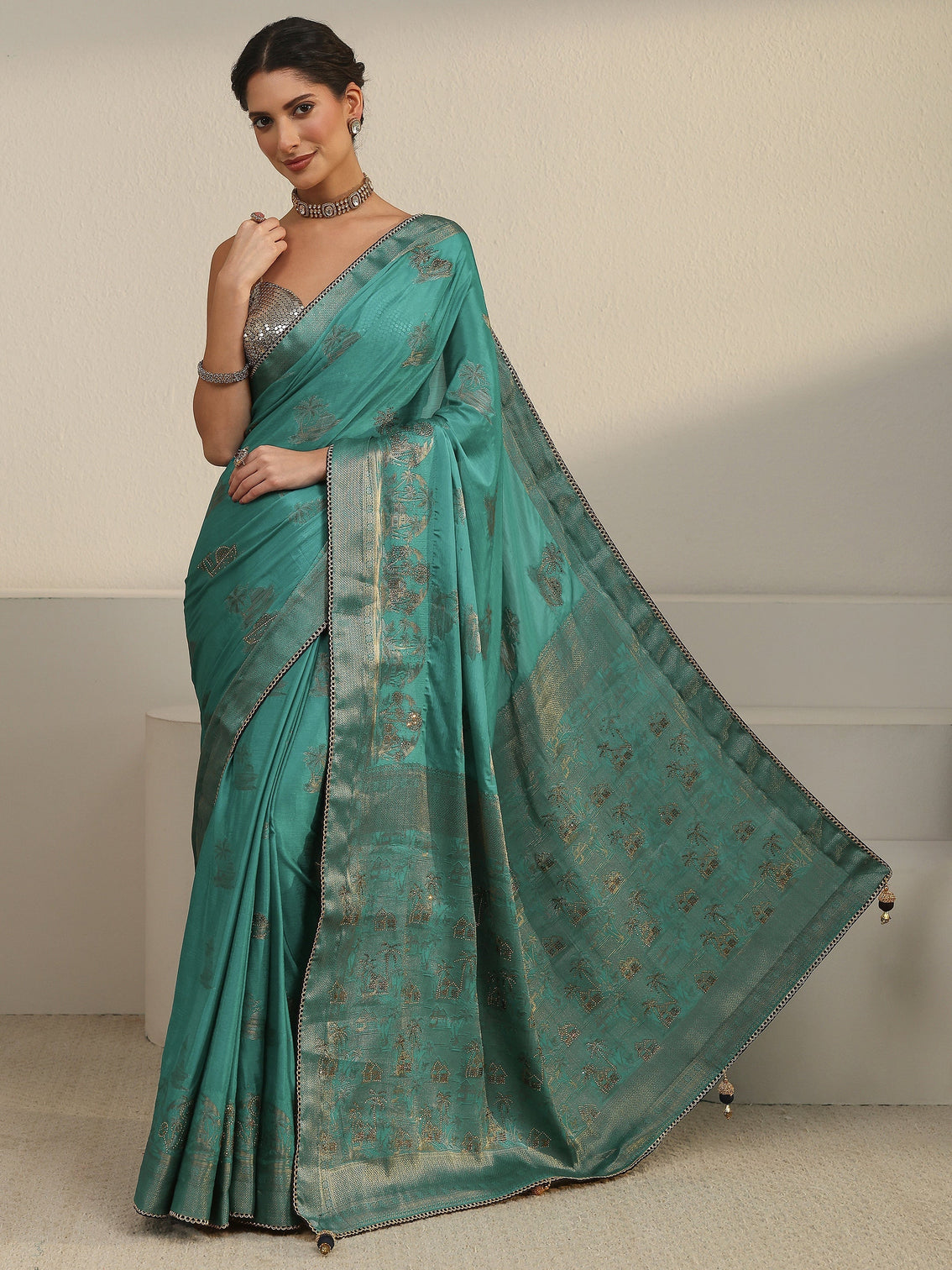 Mameraa Green Woven Design Chiffon Saree