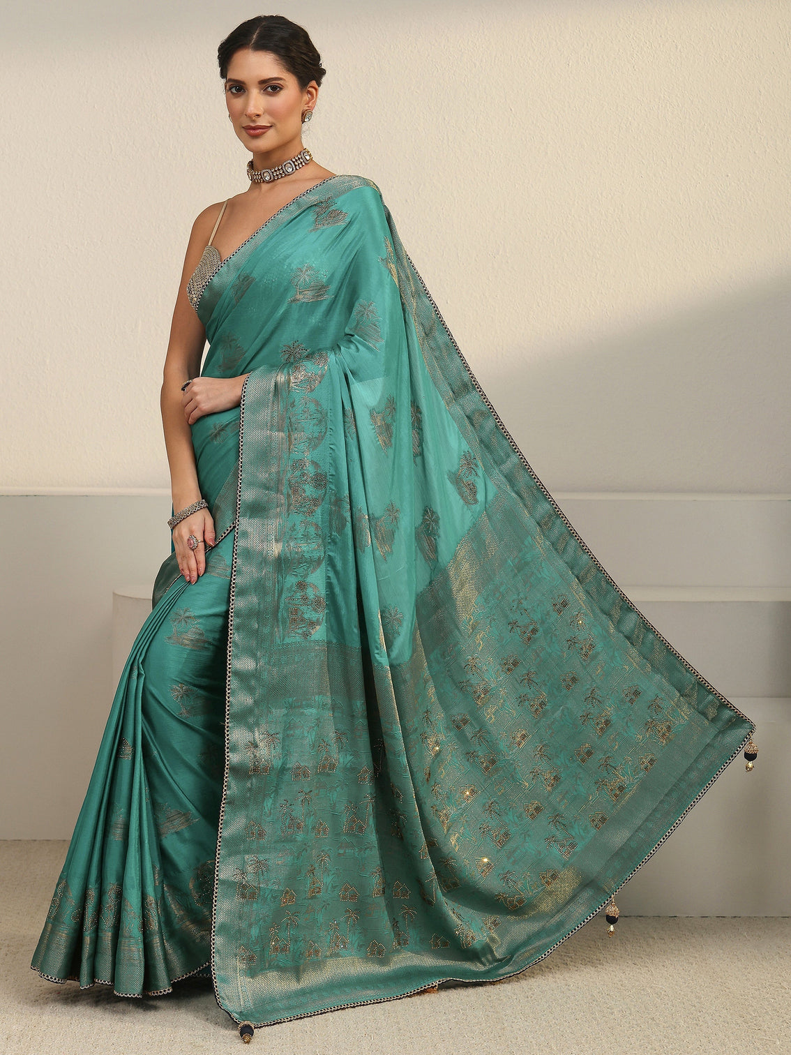 Mameraa Green Woven Design Chiffon Saree