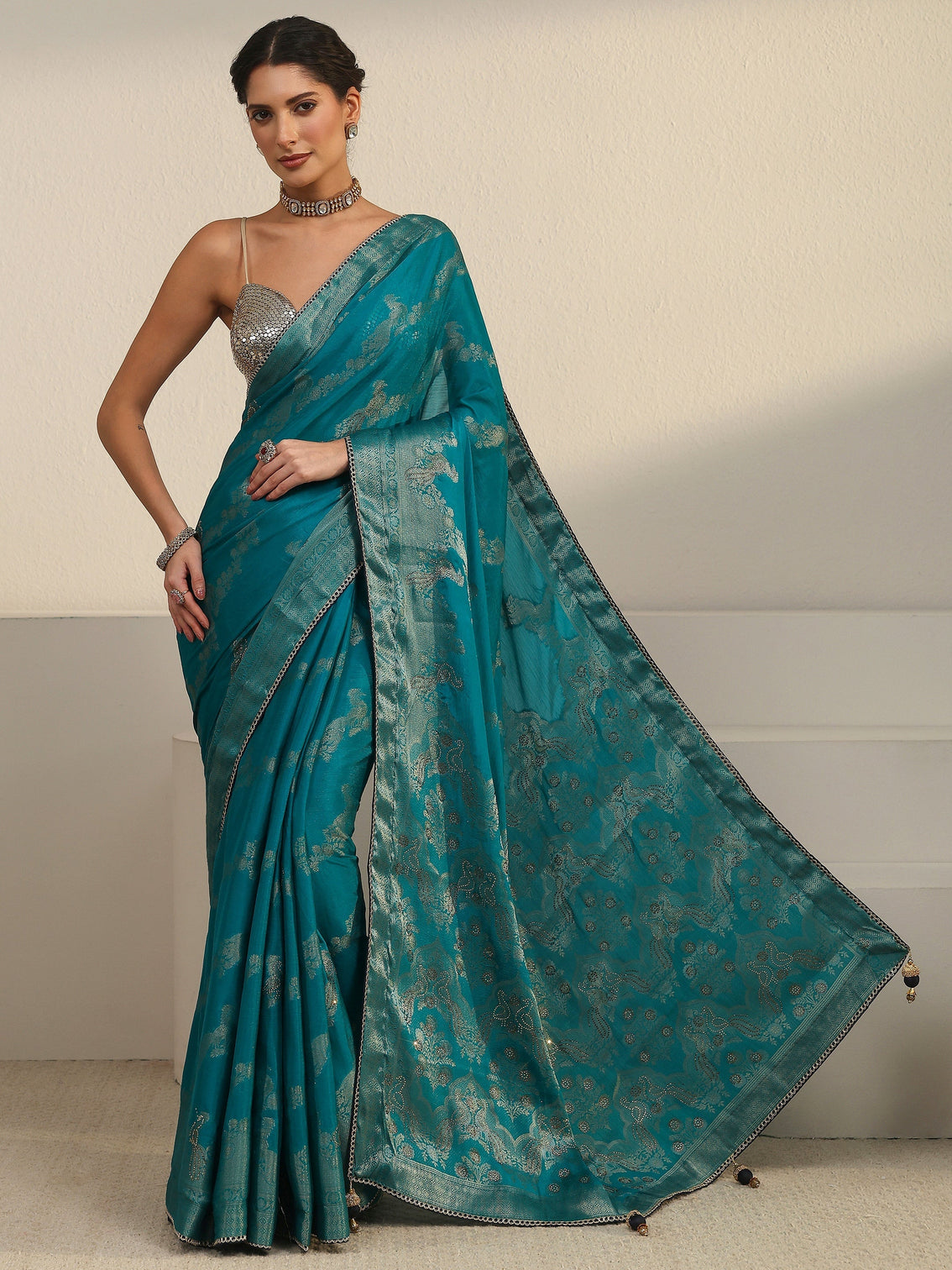 Mameraa Teal Blue Woven Design Chiffon Saree