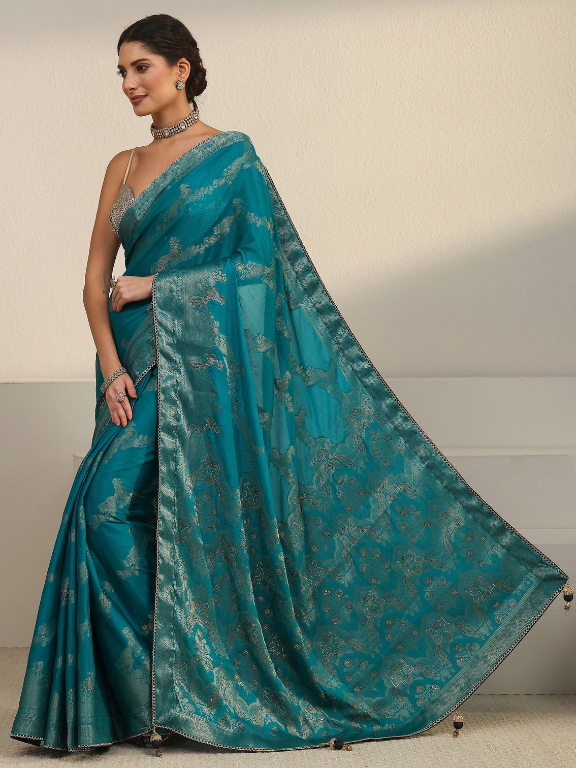 Mameraa Teal Blue Woven Design Chiffon Saree