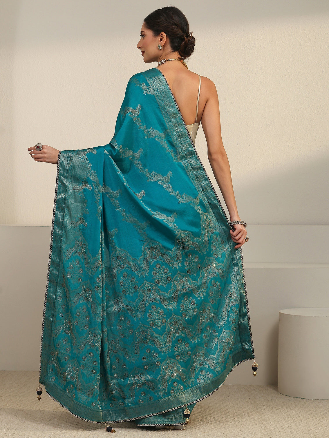 Mameraa Teal Blue Woven Design Chiffon Saree