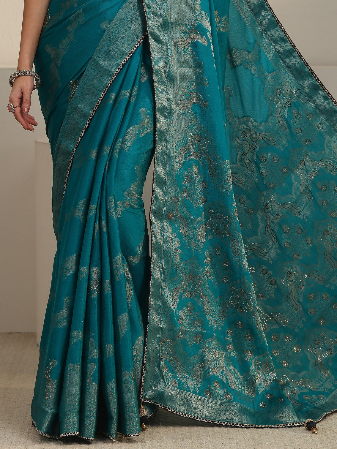 Mameraa Teal Blue Woven Design Chiffon Saree
