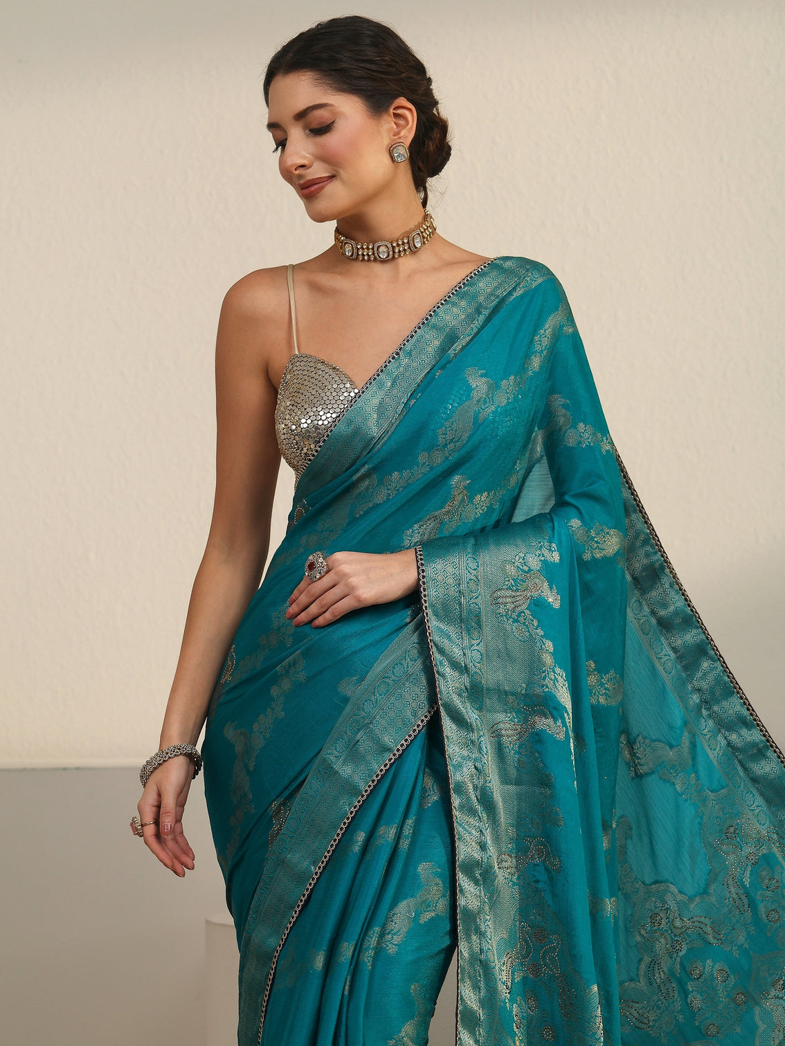 Mameraa Teal Blue Woven Design Chiffon Saree