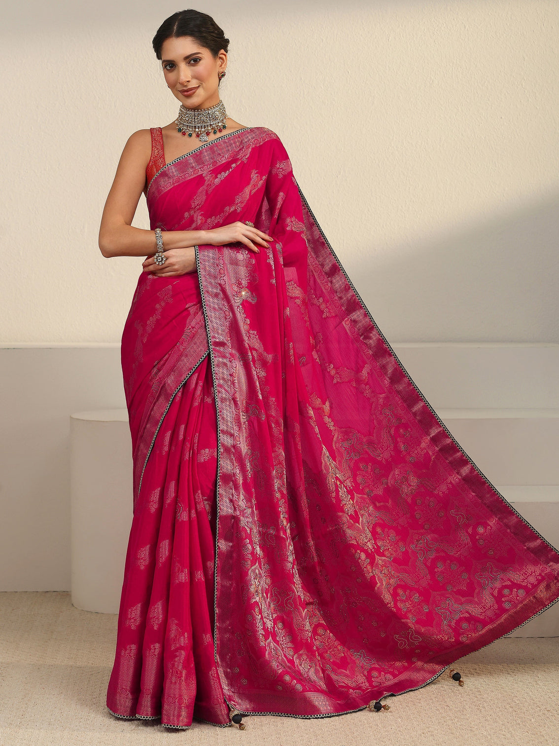 Mameraa Rani Pink Woven Design Chiffon Saree