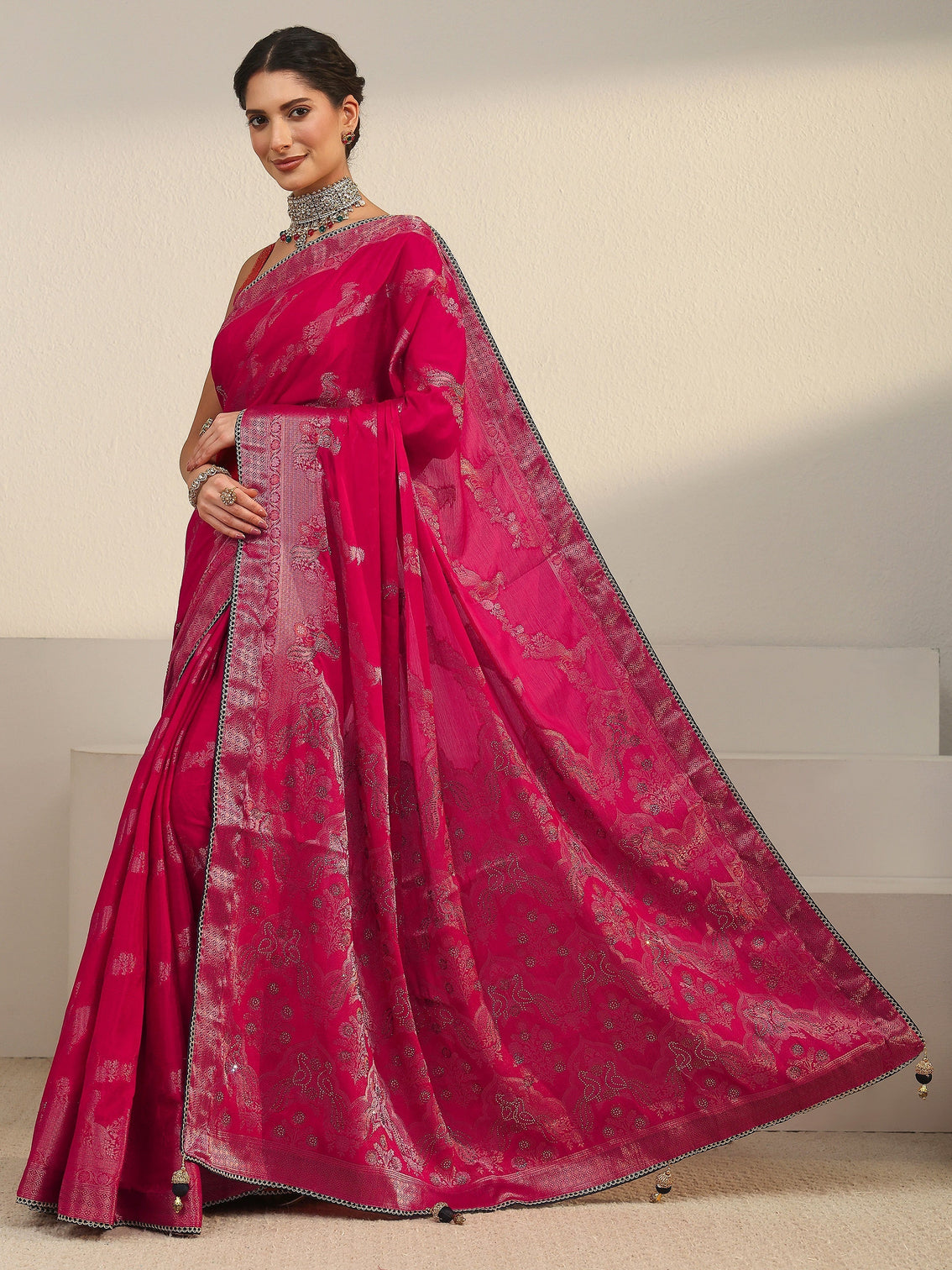 Mameraa Rani Pink Woven Design Chiffon Saree