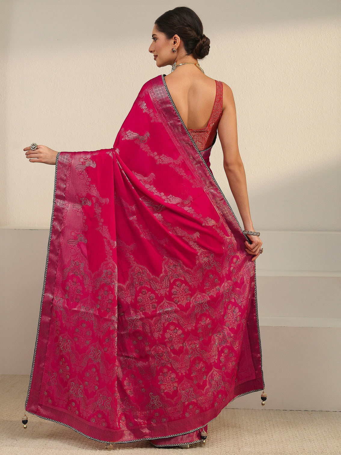 Mameraa Rani Pink Woven Design Chiffon Saree