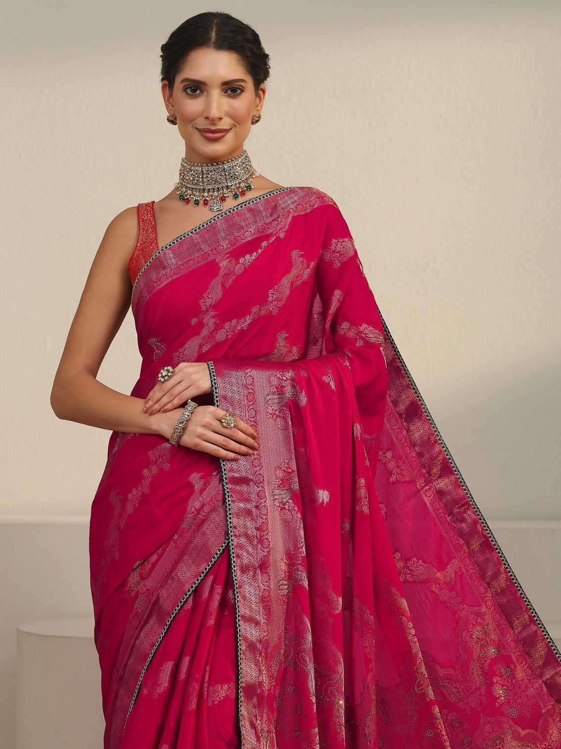 Mameraa Rani Pink Woven Design Chiffon Saree