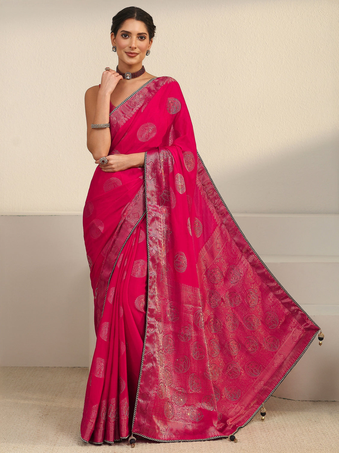 Mameraa Rani Pink Woven Design Chiffon Saree