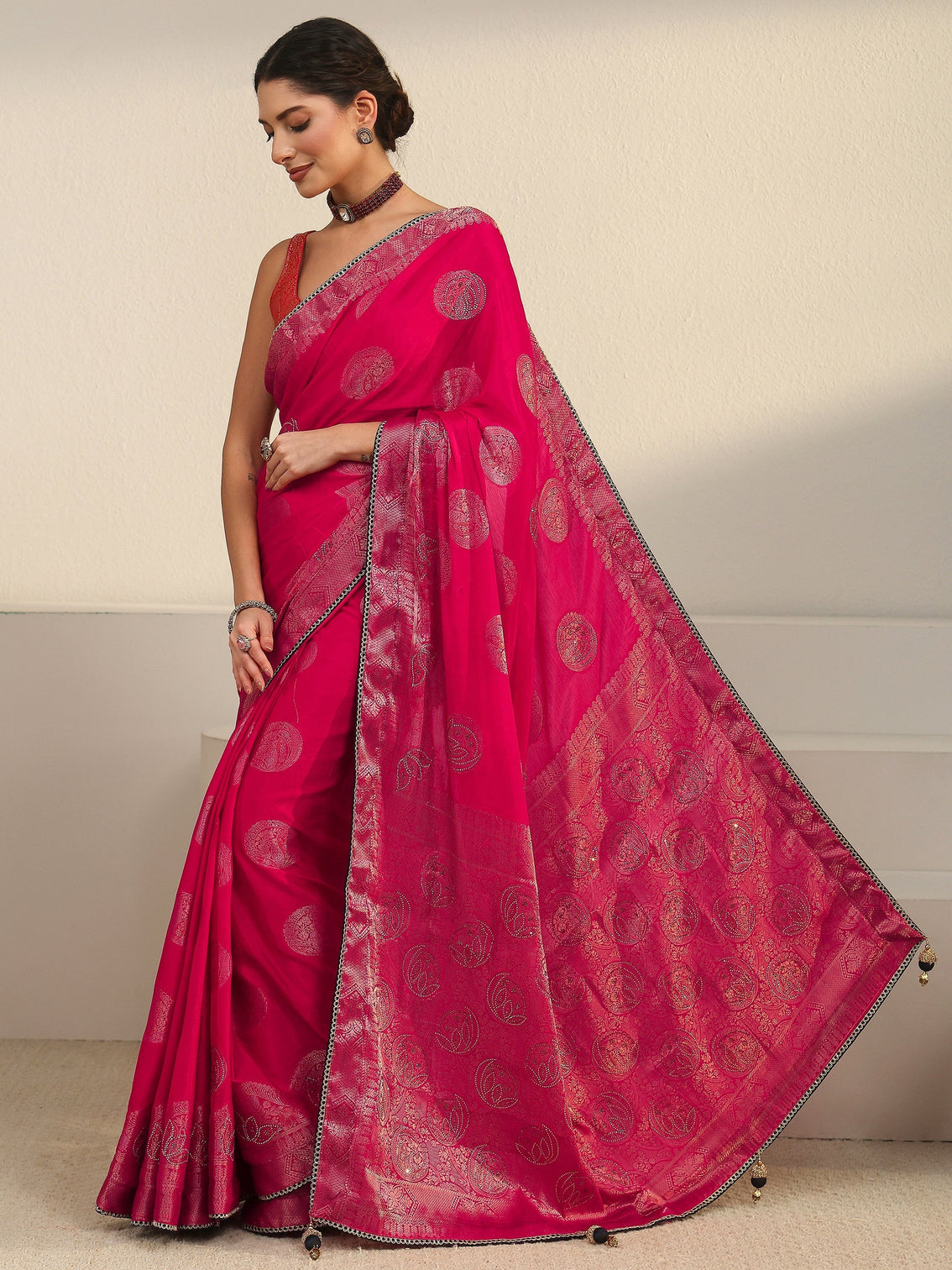 Mameraa Rani Pink Woven Design Chiffon Saree