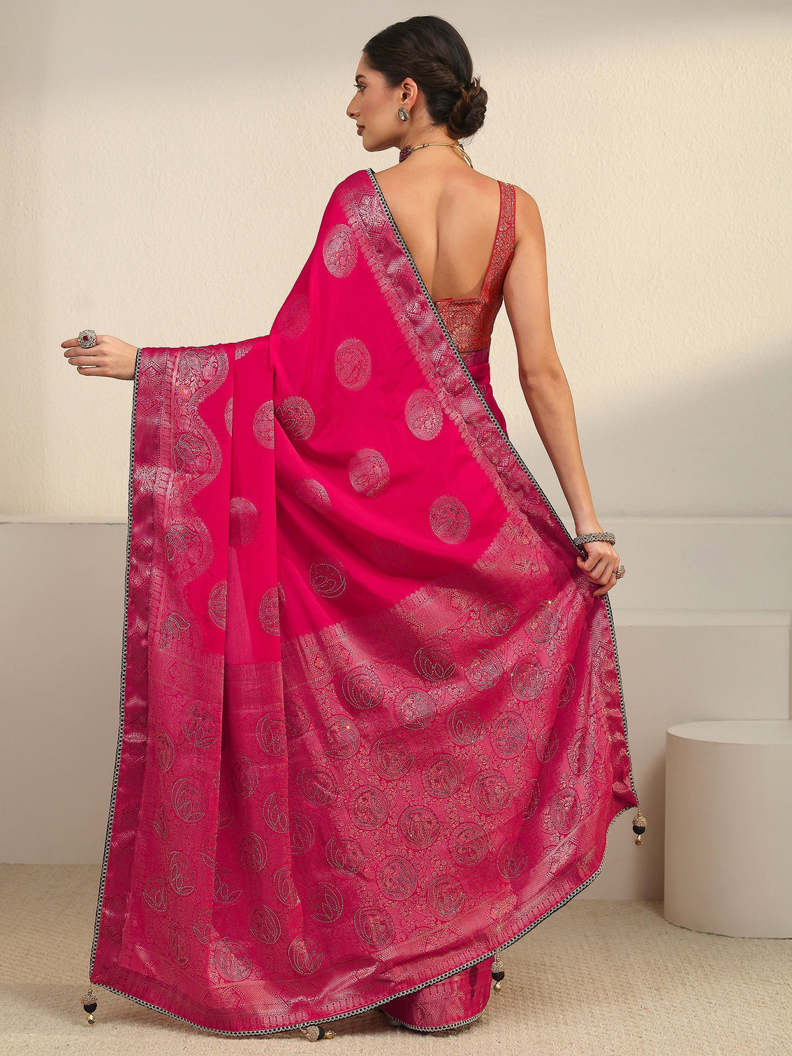 Mameraa Rani Pink Woven Design Chiffon Saree