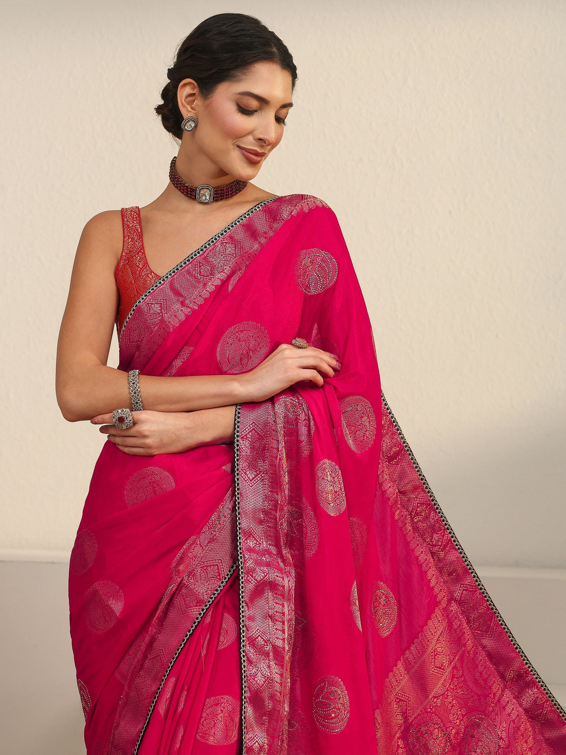 Mameraa Rani Pink Woven Design Chiffon Saree