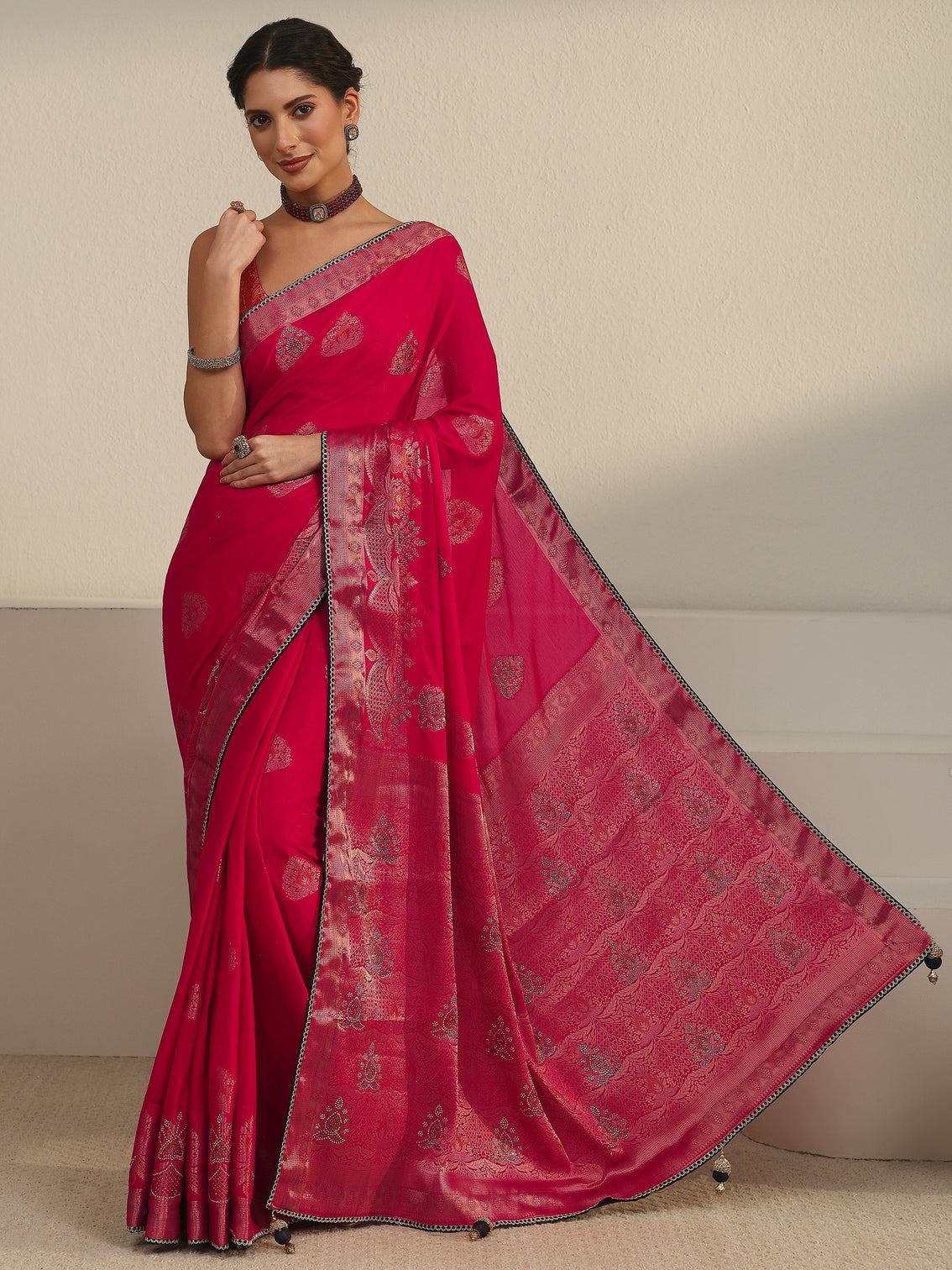 Mameraa Rani Pink Woven Design Chiffon Saree