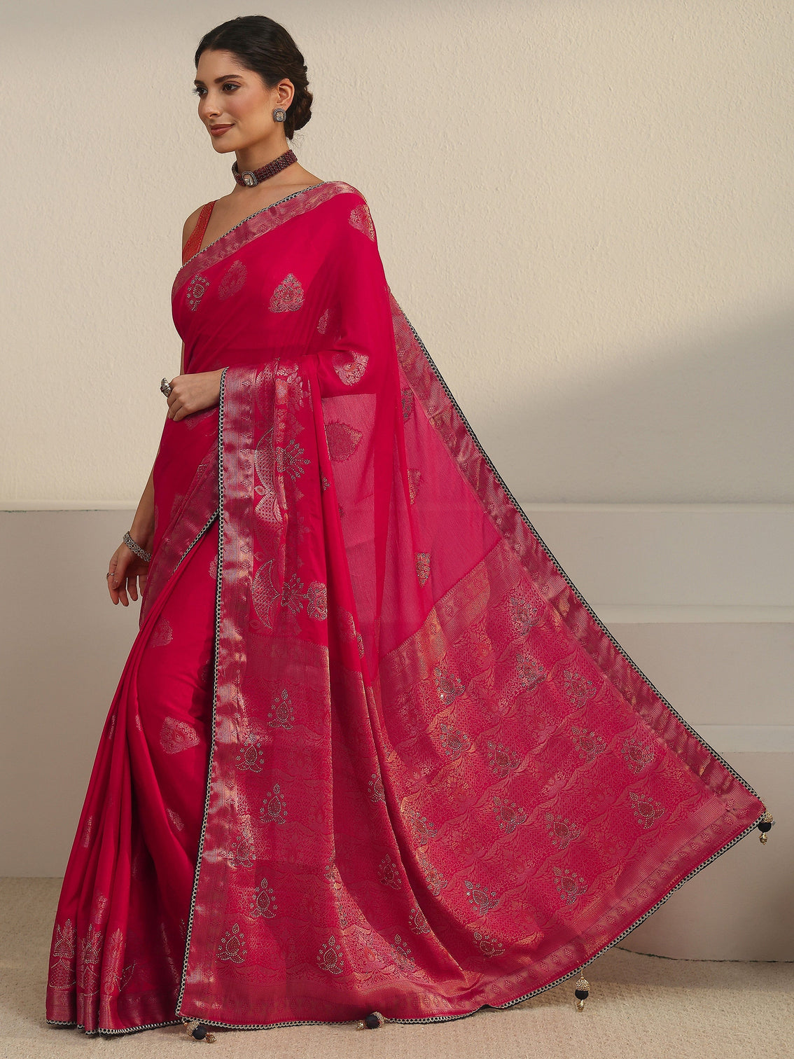 Mameraa Rani Pink Woven Design Chiffon Saree